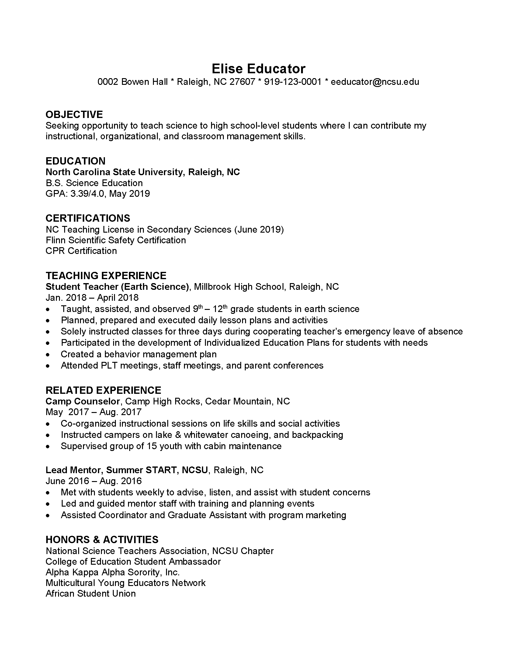 Educator Resume Career Development Center