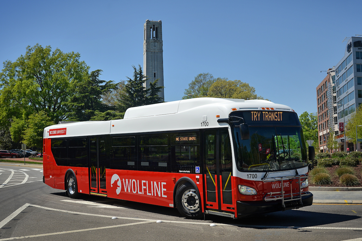 New Wolfline bus on Hillsborough Street in front of the Memorial